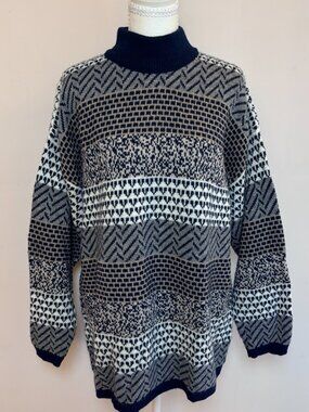 Vintage Southern Lady Geometric Mock Neck Sweater XL 80s 90s